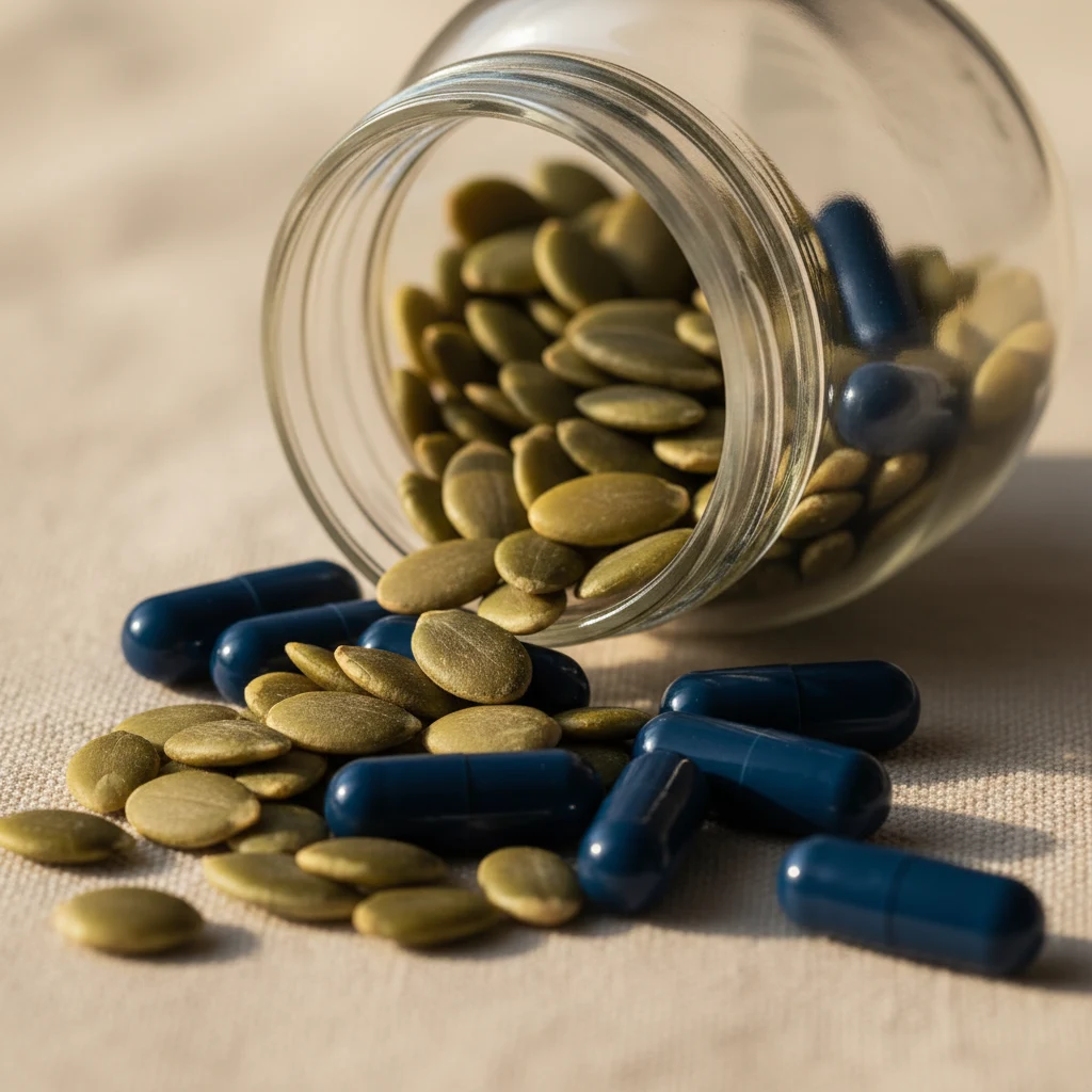 Pumpkin seeds and zinc supplement capsules for men's wellness