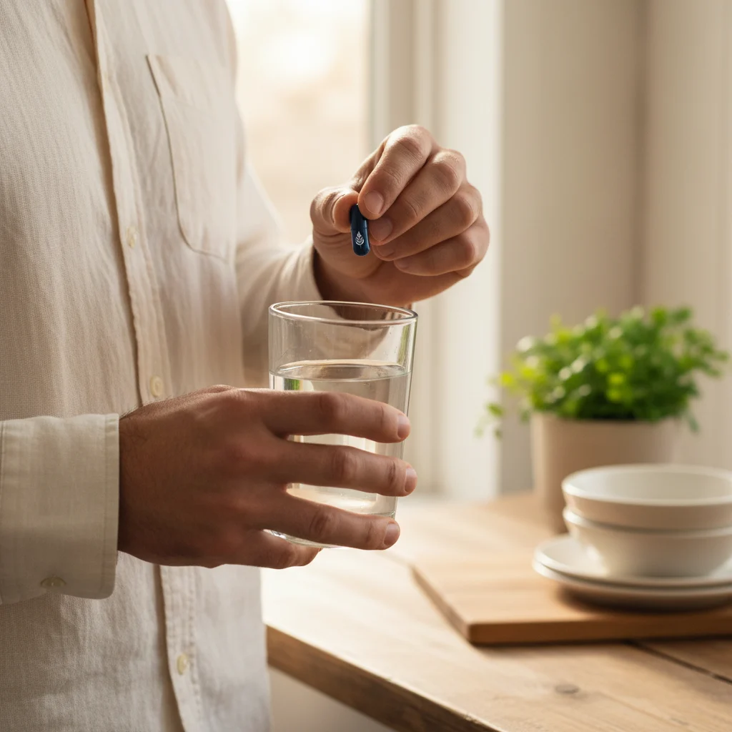 Hands holding a glass of water and a supplement capsule - part of a morning wellness routine