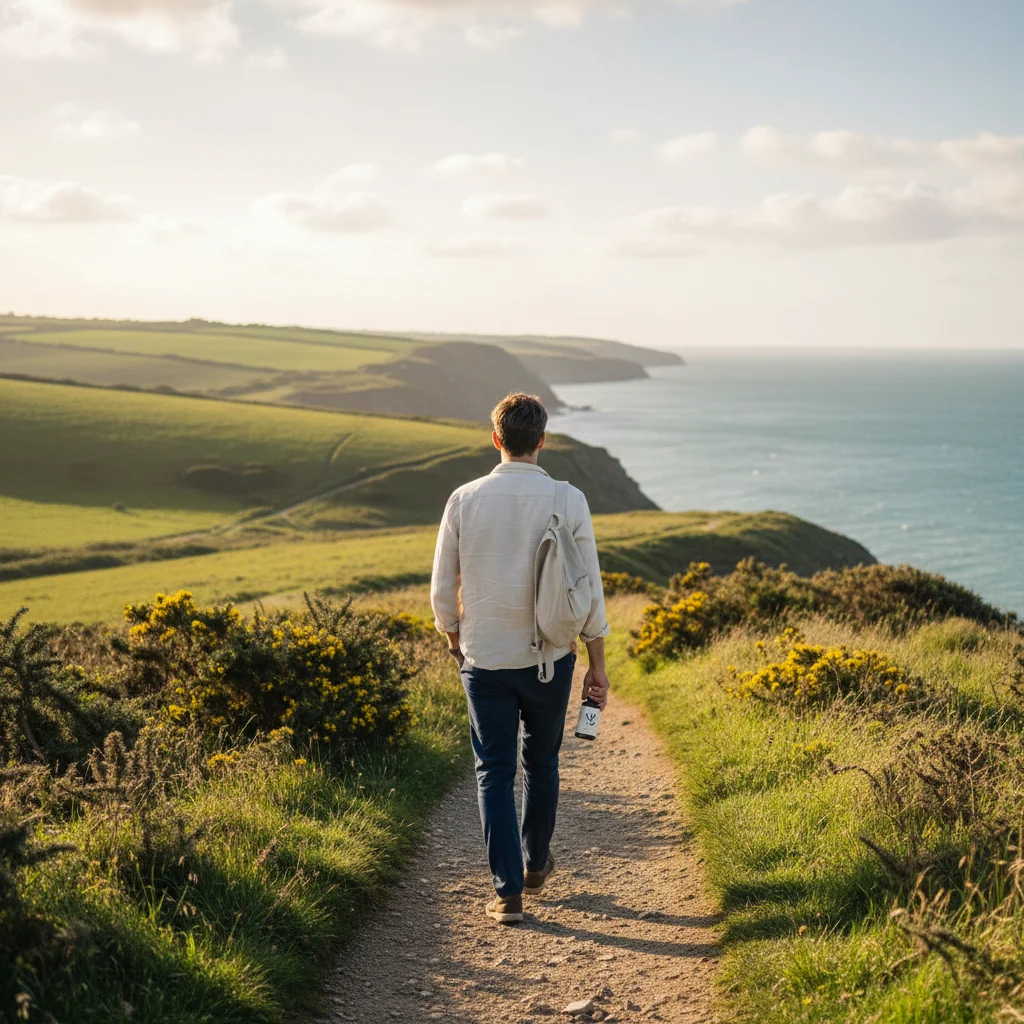 Anonymous man walking along a sunny British coastal path - everyday active lifestyle for pelvic health over 50