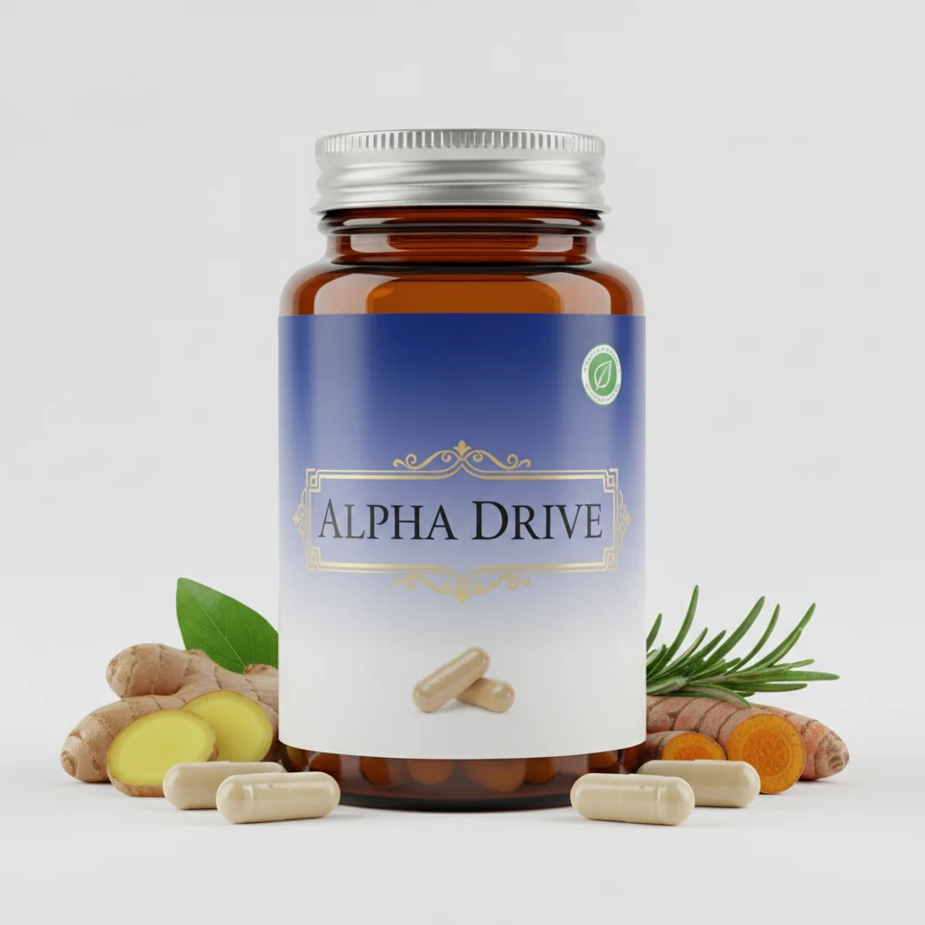 Alpha Drive men's prostate supplement bottle, dark navy with gold lettering